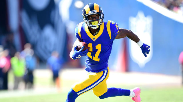 LOS ANGELES, CA - OCTOBER 08: Tavon Austin #11 of the Los Angeles Rams runs with the ball to make a touchdown during the game against the Seattle Seahawks at the Los Angeles Memorial Coliseum on October 8, 2017 in Los Angeles, California.