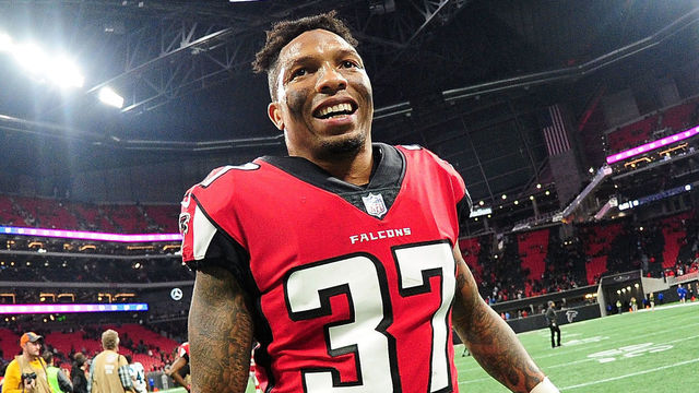 ATLANTA, GA - DECEMBER 31: Ricardo Allen #37 of the Atlanta Falcons walks off the field after beating the Carolina Panthers at Mercedes-Benz Stadium on December 31, 2017 in Atlanta, Georgia.