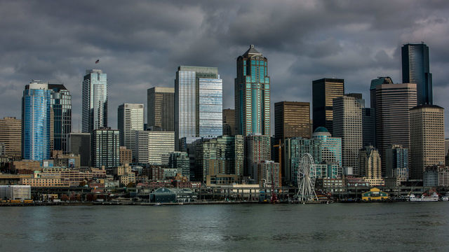 SEATTLE, WA - NOVEMBER 4: The waterfront and downtown skyline is viewed from the Bainbridge Island Ferry on November 4, 2015, in Seattle, Washington. Seattle, located in King County, is the largest city in the Pacific Northwest, and is experiencing an economic boom as a result of its European and Asian global business connections.