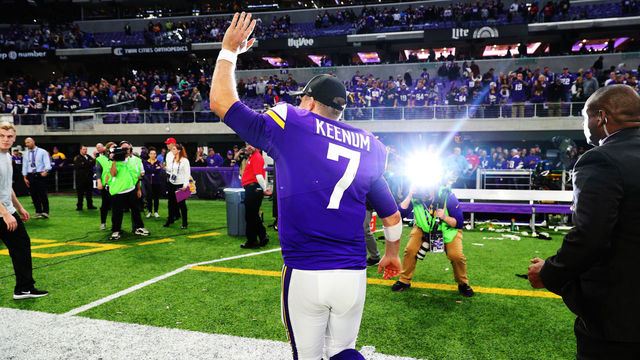 MINNEAPOLIS, MN - DECEMBER 17: Case Keenum #7 of the Minnesota Vikings waves to the crowd after the game against the Cincinnati Bengals on December 17, 2017 at U.S. Bank Stadium in Minneapolis, Minnesota. The Vikings defeated the Bengals 34-7 and clinched the NFC North Division title.
