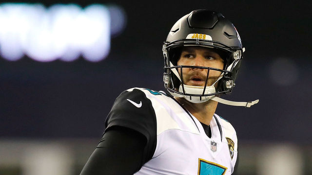 FOXBOROUGH, MA - JANUARY 21: Blake Bortles #5 of the Jacksonville Jaguars reacts in the second half during the AFC Championship Game against the New England Patriots at Gillette Stadium on January 21, 2018 in Foxborough, Massachusetts.