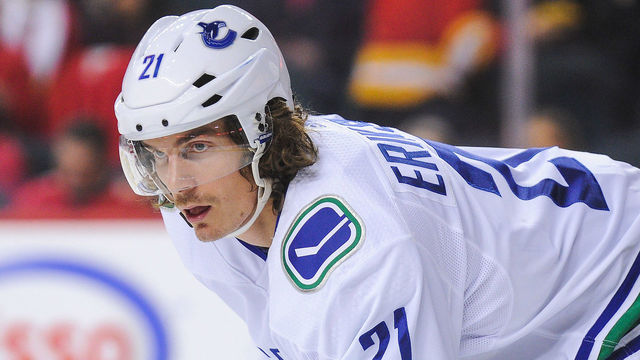 CALGARY, AB - DECEMBER 9: Loui Eriksson #21 of the Vancouver Canucks in action against the Calgary Flames during an NHL game at Scotiabank Saddledome on December 9, 2017 in Calgary, Alberta, Canada.