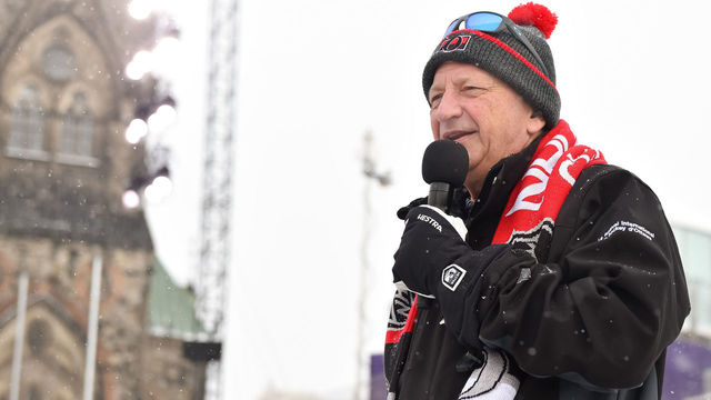 OTTAWA, ON - DECEMBER 15: Ottawa Senators owner Eugene Melnyk talks to skaters during the 2017 Scotiabank NHL100 Classic Eugene Melnyk Skate for kids on Parliament Hill on December 15, 2017 in Ottawa, Canada. (Photo Minas Panagiotakis/NHLI via Getty Images)