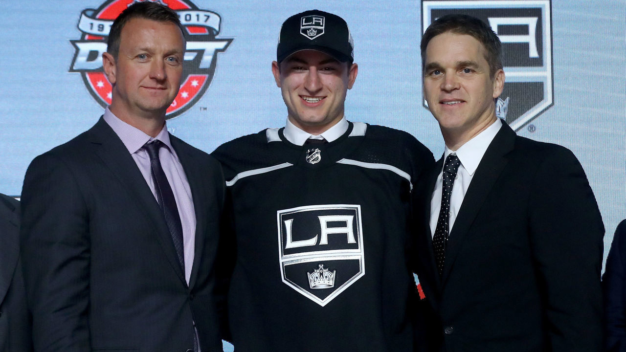 CHICAGO, IL - JUNE 23: Gabriel Vilardi poses for photos after being selected 11th overall by the Los Angeles Kings during the 2017 NHL Draft at the United Center on June 23, 2017 in Chicago, Illinois.