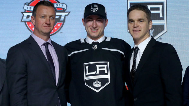 CHICAGO, IL - JUNE 23: Gabriel Vilardi poses for photos after being selected 11th overall by the Los Angeles Kings during the 2017 NHL Draft at the United Center on June 23, 2017 in Chicago, Illinois.