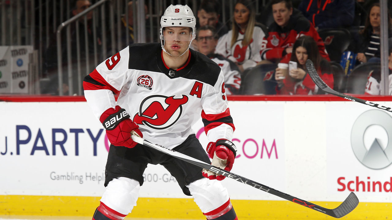 NEWARK, NJ - FEBRUARY 24: Taylor Hall #9 of the New Jersey Devils in action against the New York Islanders during the second period at the Prudential Center on February 24, 2018 in Newark, New Jersey.