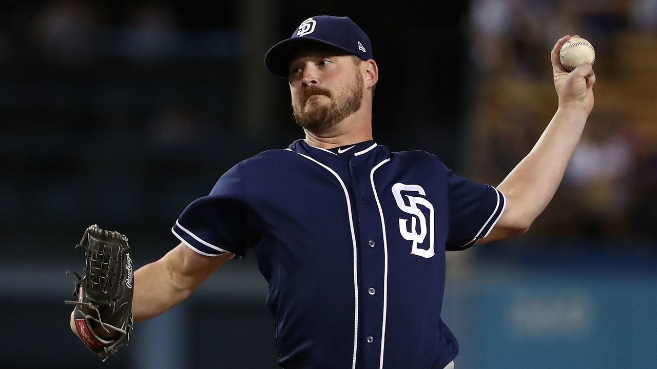 LOS ANGELES, CA - SEPTEMBER 25: Pitcher Travis Wood #37 of the San Diego Padres pitches during the first inning of the MLB game against the Los Angeles Dodgers at Dodger Stadium on September 25, 2017 in Los Angeles, California.