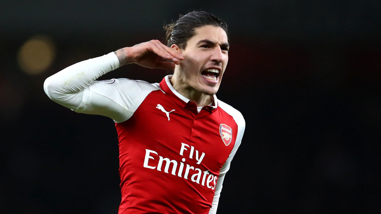 LONDON, ENGLAND - JANUARY 03: Hector Bellerin of Arsenal celebrates after scoring his sides second goal during the Premier League match between Arsenal and Chelsea at Emirates Stadium on January 3, 2018 in London, England.