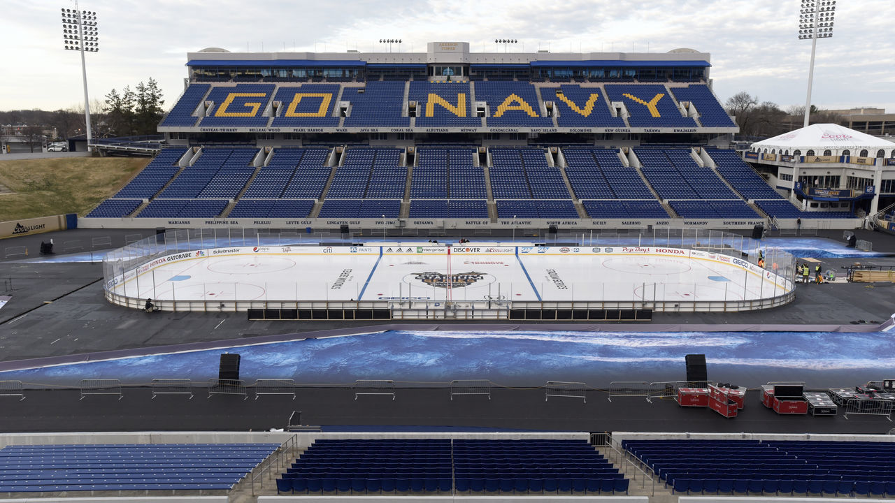 ANNAPOLIS , MD - FEBRUARY 28: Workers prepare Navy-Marine Corps Memorial Stadium for the 2018 Coors Light NHL Stadium Series game, on February 28, 2018 in Annapolis, Maryland. The game between the Toronto Maple Leafs and the Washington Capitals is scheduled for March 3, 2018.