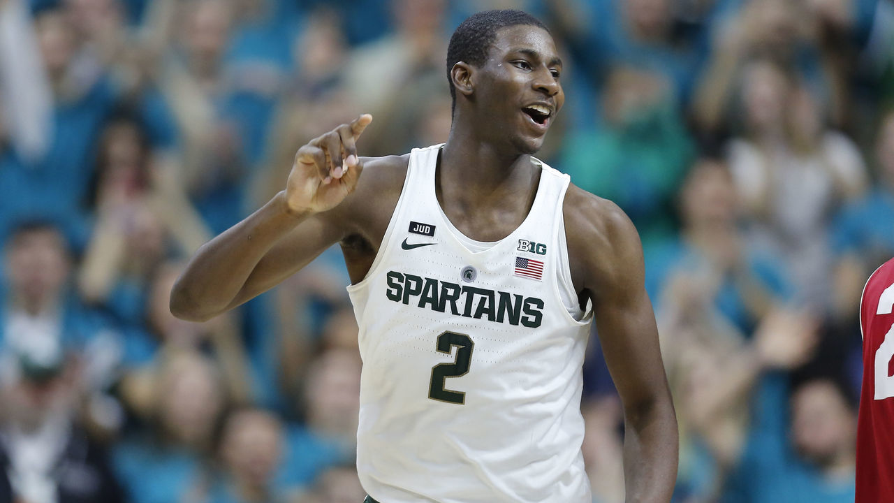 EAST LANSING, MI - JANUARY 26: Jaren Jackson Jr. #2 of the Michigan State Spartans celebrates his made basket in the second half against the Wisconsin Badgers at Breslin Center on January 26, 2018 in East Lansing, Michigan.