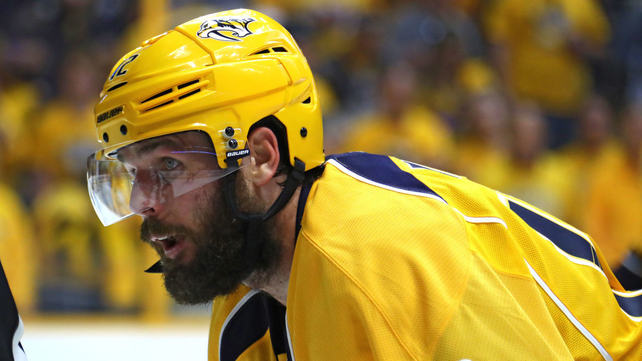 NASHVILLE, TN - JUNE 11: Mike Fisher #12 of the Nashville Predators looks on against the Pittsburgh Penguins during the second period in Game Six of the 2017 NHL Stanley Cup Final at the Bridgestone Arena on June 11, 2017 in Nashville, Tennessee.
