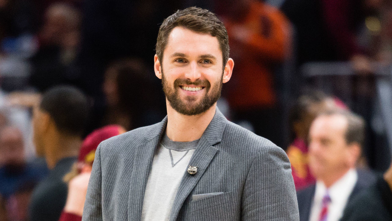 CLEVELAND, OH - FEBRUARY 3: Kevin Love #0 of the Cleveland Cavaliers talks to players on the Houston Rockets bench during a time-out during the second half at Quicken Loans Arena on February 3, 2018 in Cleveland, Ohio. The Rockets defeated the Cavaliers 120-88.