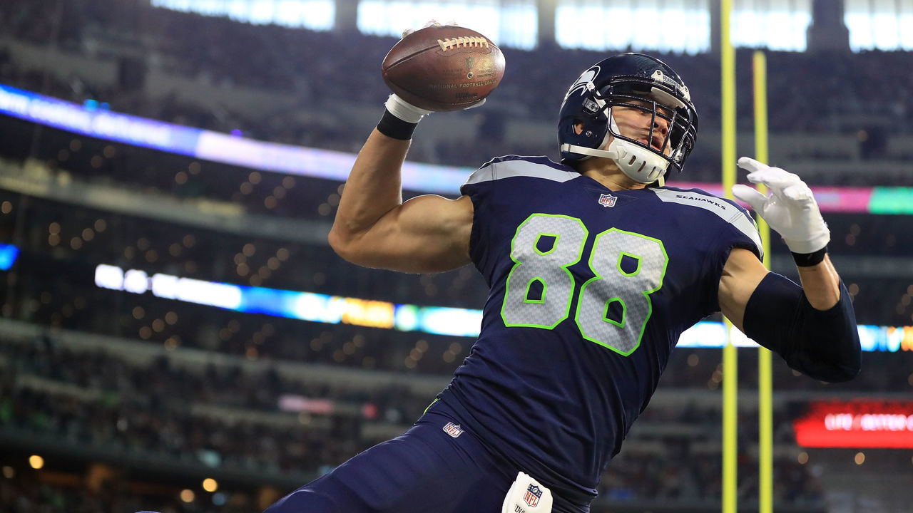 ARLINGTON, TX - DECEMBER 24: Jimmy Graham #88 of the Seattle Seahawks celebrates a second quarter touchdown against the Dallas Cowboys at AT&T Stadium on December 24, 2017 in Arlington, Texas.