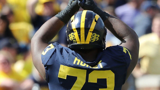ANN ARBOR, MI - SEPTEMBER 9: Maurice Hurst #73 of the Michigan Wolverines signals a safety after the Cincinnati Bearcats punter pushed the ball through the back of the end zone during the fourth quarter of the game at Michigan Stadium on September 9, 2017 in Ann Arbor, Michigan. Michigan defeated Cincinnati 36-14.