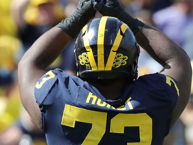 ANN ARBOR, MI - SEPTEMBER 9: Maurice Hurst #73 of the Michigan Wolverines signals a safety after the Cincinnati Bearcats punter pushed the ball through the back of the end zone during the fourth quarter of the game at Michigan Stadium on September 9, 2017 in Ann Arbor, Michigan. Michigan defeated Cincinnati 36-14.