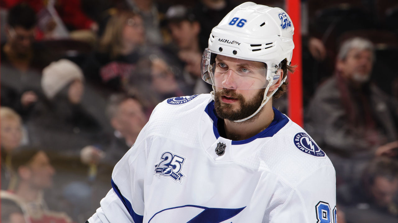 OTTAWA, ON - FEBRUARY 22: Nikita Kucherov #86 of the Tampa Bay Lightning looks on in a game against the Ottawa Senators at Canadian Tire Centre on February 22, 2018 in Ottawa, Ontario, Canada.