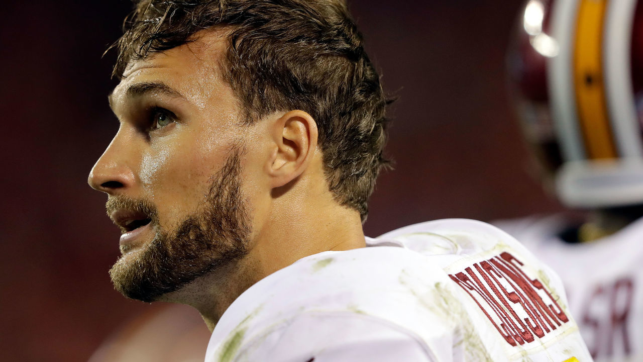 KANSAS CITY, MO - OCTOBER 02: Quarterback Kirk Cousins #8 of the Washington Redskins looks up at the scoreboard during the 4th quarter of the game against the Kansas City Chiefs at Arrowhead Stadium on October 2, 2017 in Kansas City, Missouri.