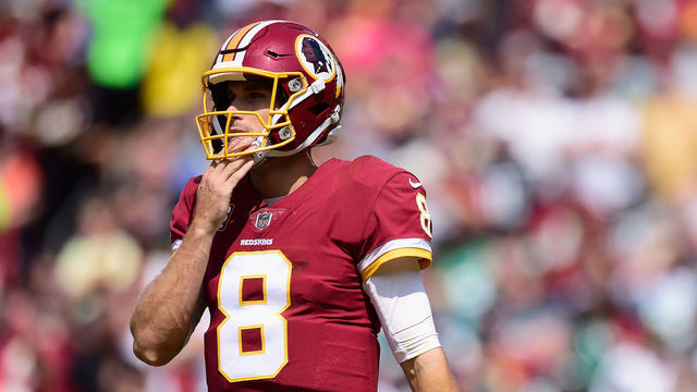 LANDOVER, MD - SEPTEMBER 10: Quarterback Kirk Cousins #8 after a play against the Philadelphia Eagle in the second quarter at FedExField on September 10, 2017 in Landover, Maryland.