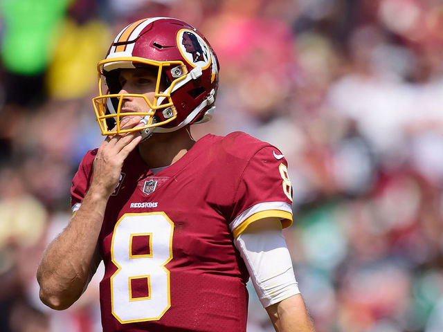LANDOVER, MD - SEPTEMBER 10: Quarterback Kirk Cousins #8 after a play against the Philadelphia Eagle in the second quarter at FedExField on September 10, 2017 in Landover, Maryland.