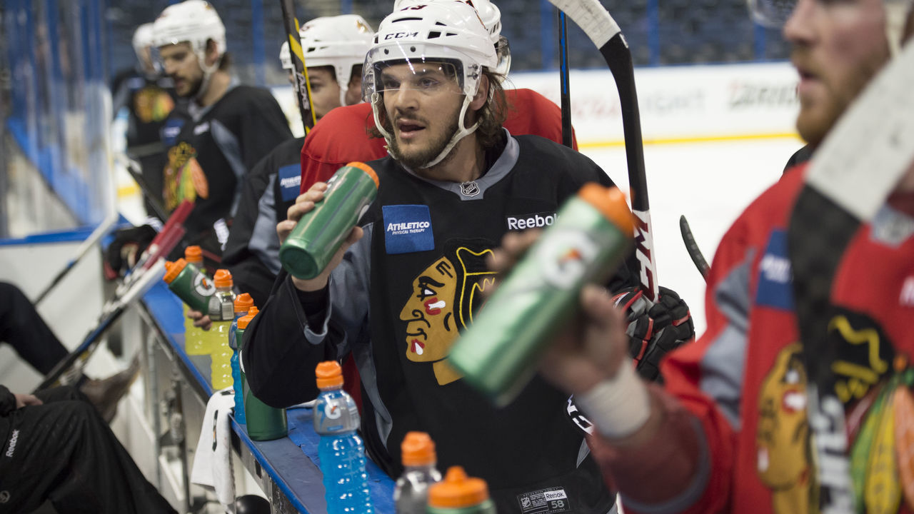TAMPA, FL - JUNE 02: Daniel Carcillo #13 of the Chicago Blackhawks takes a drink during a practice for the 2015 NHL Stanley Cup Final at Amalie Arena on June 2, 2015 in Tampa, Florida.