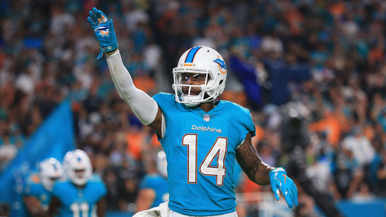 MIAMI GARDENS, FL - NOVEMBER 05: Wide receiver Jarvis Landry #14 of the Miami Dolphins celebrates a touchdown in the third quarter at Hard Rock Stadium on November 5, 2017 in Miami Gardens, Florida.