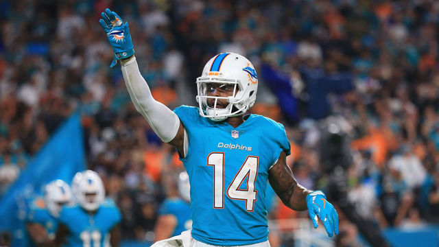 MIAMI GARDENS, FL - NOVEMBER 05: Wide receiver Jarvis Landry #14 of the Miami Dolphins celebrates a touchdown in the third quarter at Hard Rock Stadium on November 5, 2017 in Miami Gardens, Florida.