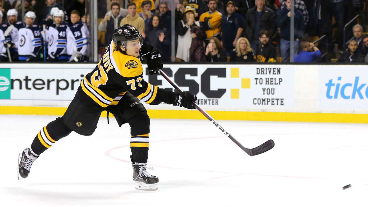 BOSTON, MA - DECEMBER 21: Charlie McAvoy #73 of the Boston Bruins scores the game winning goal against the Winnipeg Jets during a shoot out at TD Garden on December 21, 2017 in Boston, Massachusetts. The Bruins defeat the Jets 2-1.
