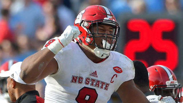 CHAPEL HILL, NC - NOVEMBER 25: Bradley Chubb #9 of the North Carolina State Wolfpack reacts during their game against the North Carolina Tar Heels at Kenan Stadium on November 25, 2016 in Chapel Hill, North Carolina. North Carolina State won 28-21.