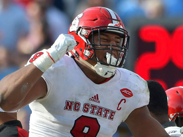 CHAPEL HILL, NC - NOVEMBER 25: Bradley Chubb #9 of the North Carolina State Wolfpack reacts during their game against the North Carolina Tar Heels at Kenan Stadium on November 25, 2016 in Chapel Hill, North Carolina. North Carolina State won 28-21.
