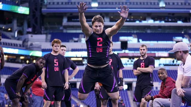 INDIANAPOLIS, IN - MARCH 03: Wyoming quarterback Josh Allen competes in the broad jump during the NFL Combine at Lucas Oil Stadium on March 3, 2018 in Indianapolis, Indiana.
