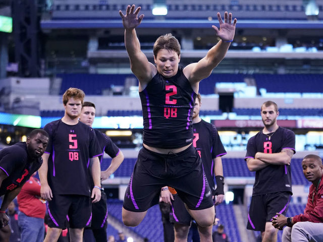 INDIANAPOLIS, IN - MARCH 03: Wyoming quarterback Josh Allen competes in the broad jump during the NFL Combine at Lucas Oil Stadium on March 3, 2018 in Indianapolis, Indiana.