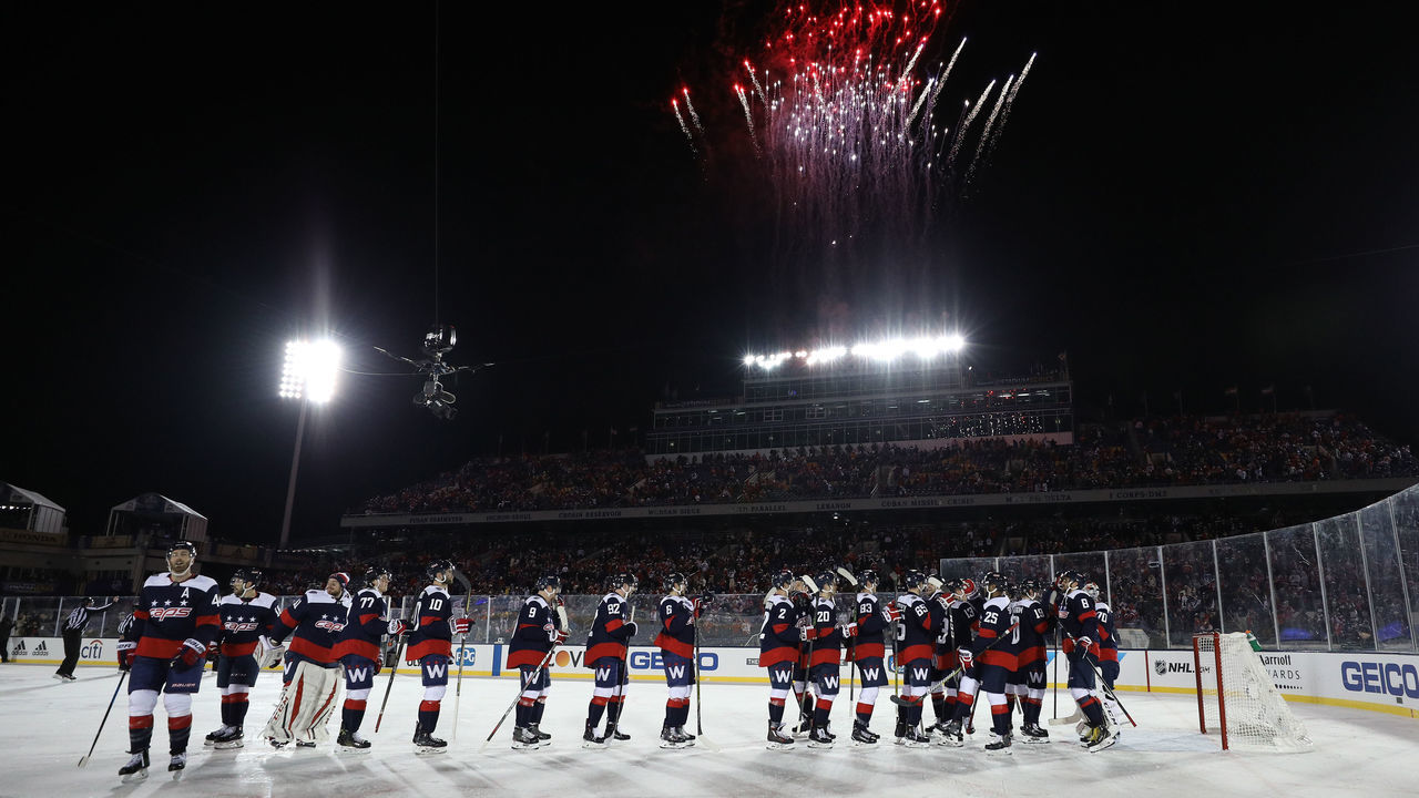 ANNAPOLIS, MD - MARCH 03: The Washington Capitals celebrate after defeating the Toronto Maple Leafs in the Coors Light NHL Stadium Series at Navy-Marine Corps Memorial Stadium on March 3, 2018 in Annapolis, Maryland.