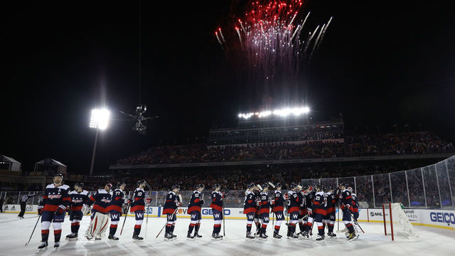 ANNAPOLIS, MD - MARCH 03: The Washington Capitals celebrate after defeating the Toronto Maple Leafs in the Coors Light NHL Stadium Series at Navy-Marine Corps Memorial Stadium on March 3, 2018 in Annapolis, Maryland.