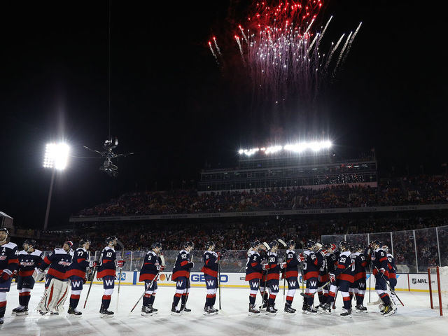 ANNAPOLIS, MD - MARCH 03: The Washington Capitals celebrate after defeating the Toronto Maple Leafs in the Coors Light NHL Stadium Series at Navy-Marine Corps Memorial Stadium on March 3, 2018 in Annapolis, Maryland.