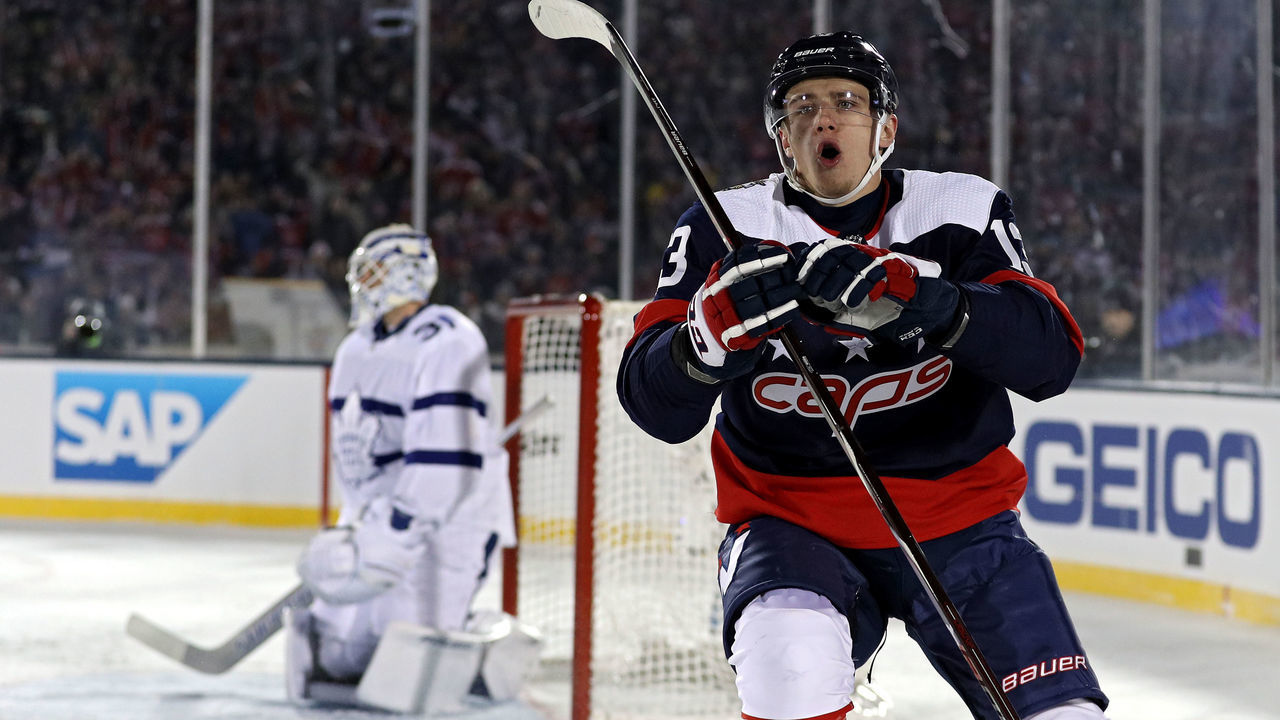 ANNAPOLIS, MD - MARCH 03: Jakub Vrana #13 of the Washington Capitals celebrates his goal against the Toronto Maple Leafs during the second period in the Coors Light NHL Stadium Series at Navy-Marine Corps Memorial Stadium on March 3, 2018 in Annapolis, Maryland.