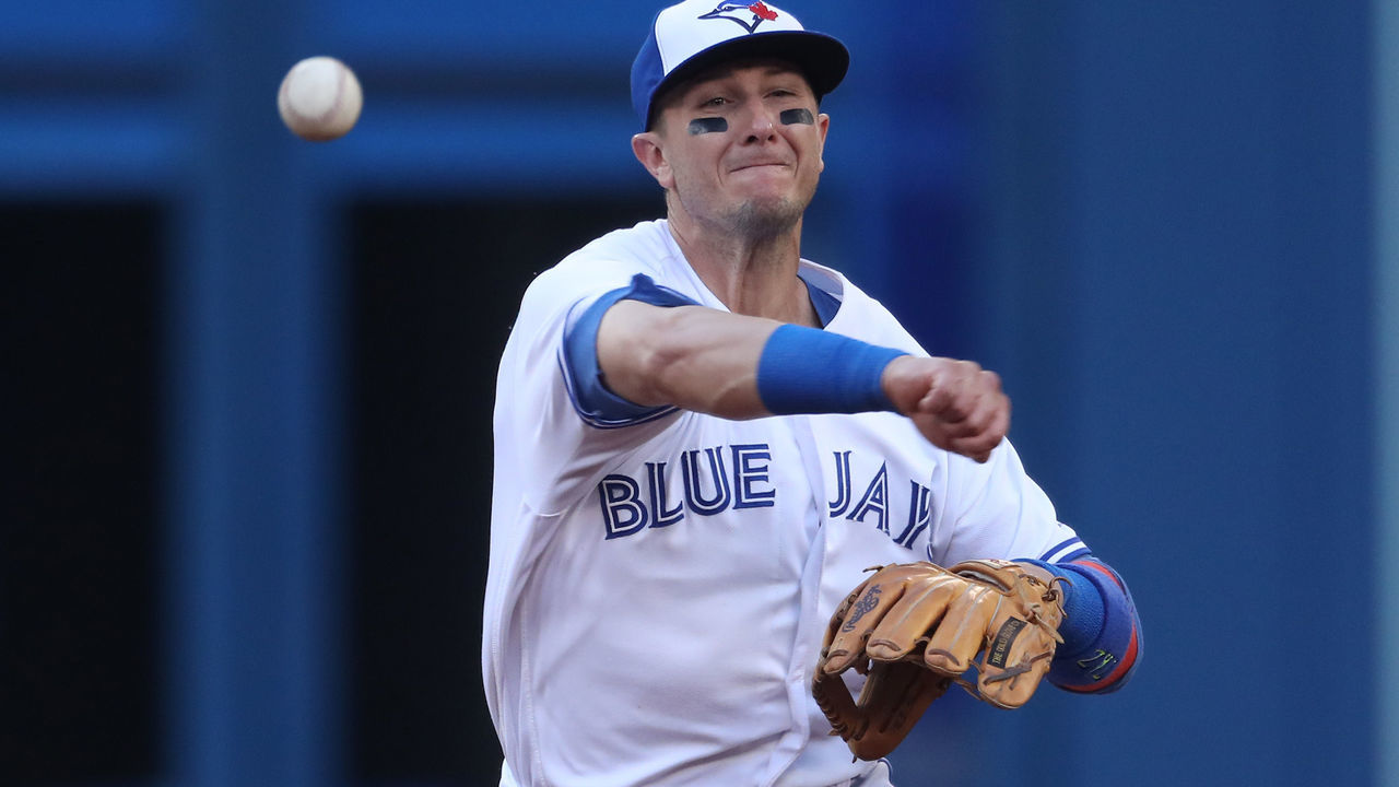TORONTO, ON - JUNE 27: Troy Tulowitzki #2 of the Toronto Blue Jays throws out the baserunner in the third inning during MLB game action against the Baltimore Orioles at Rogers Centre on June 27, 2017 in Toronto, Canada.