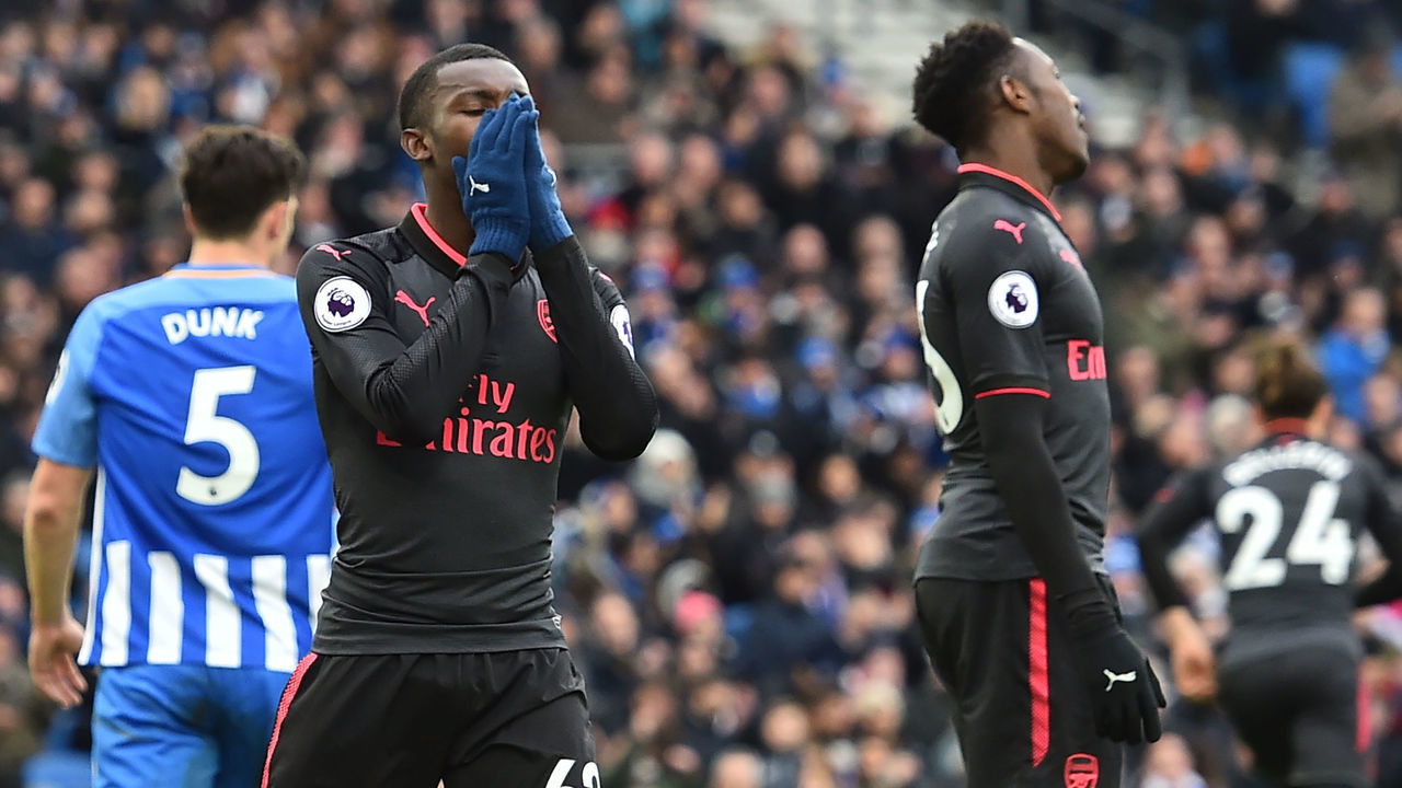 Arsenal's English striker Eddie Nketiah (2nd L) reacts to a missed chance during the English Premier League football match between Brighton and Hove Albion and Arsenal at the American Express Community Stadium in Brighton, southern England on March 4, 2018. / AFP PHOTO / Glyn KIRK /