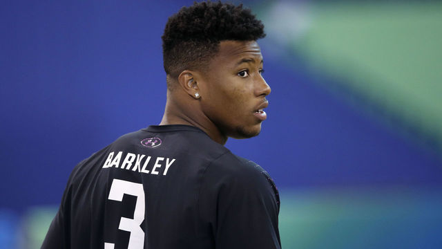 INDIANAPOLIS, IN - MARCH 02: Penn State running back Saquon Barkley looks on during the 2018 NFL Combine at Lucas Oil Stadium on March 2, 2018 in Indianapolis, Indiana.