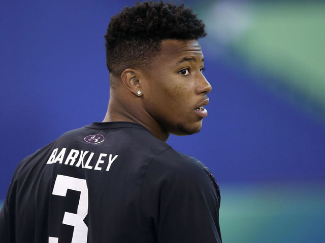 INDIANAPOLIS, IN - MARCH 02: Penn State running back Saquon Barkley looks on during the 2018 NFL Combine at Lucas Oil Stadium on March 2, 2018 in Indianapolis, Indiana.