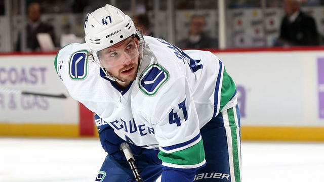 NEWARK, NJ - NOVEMBER 24: Sven Baertschi #47 of the Vancouver Canucks prepares for a face-off during the first period against the New Jersey Devils on November 24, 2017 at the Prudential Center in Newark, New Jersey.