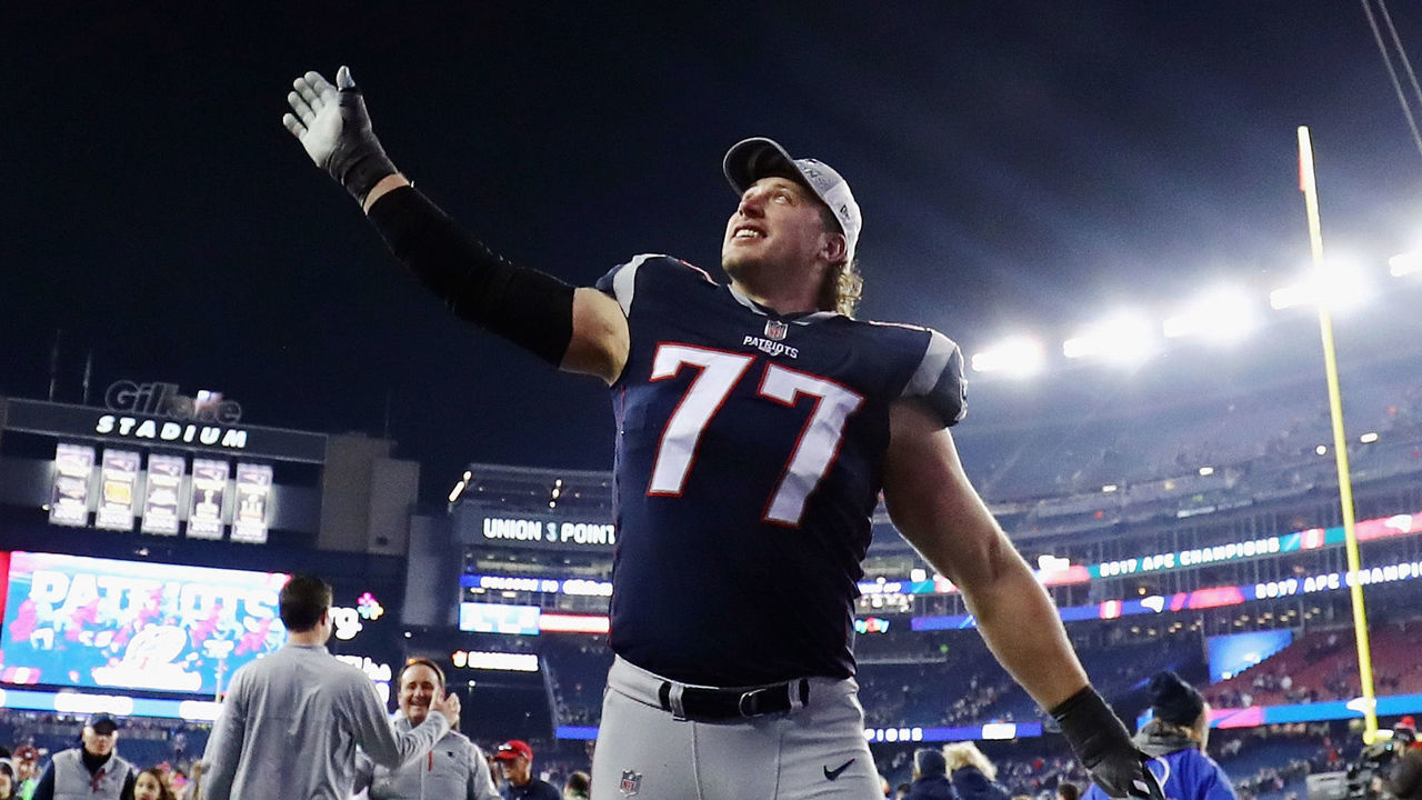 FOXBOROUGH, MA - JANUARY 21: Nate Solder #77 of the New England Patriots celebrates after winning the AFC Championship Game against the Jacksonville Jaguars at Gillette Stadium on January 21, 2018 in Foxborough, Massachusetts.