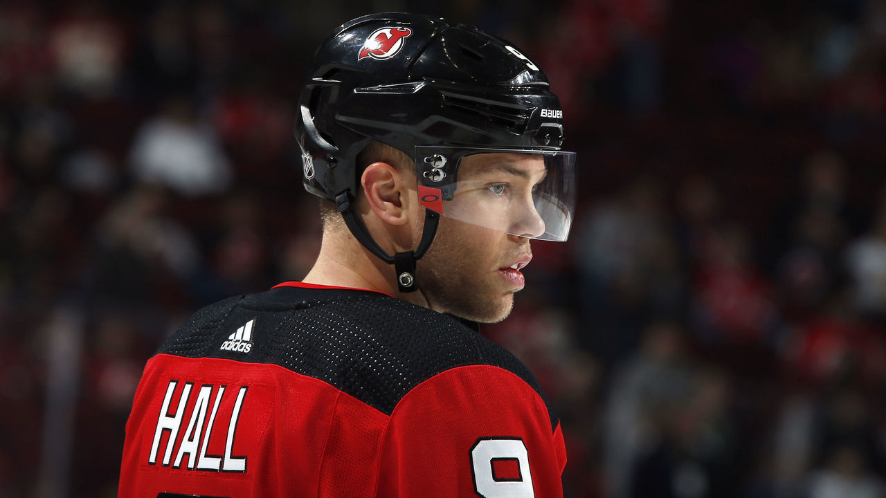 NEWARK, NJ - MARCH 4: Taylor Hall #9 of the New Jersey Devils during warm ups prior to taking on the Vegas Golden Knights at the Prudential Center on March 4, 2018 in Newark, New Jersey.
