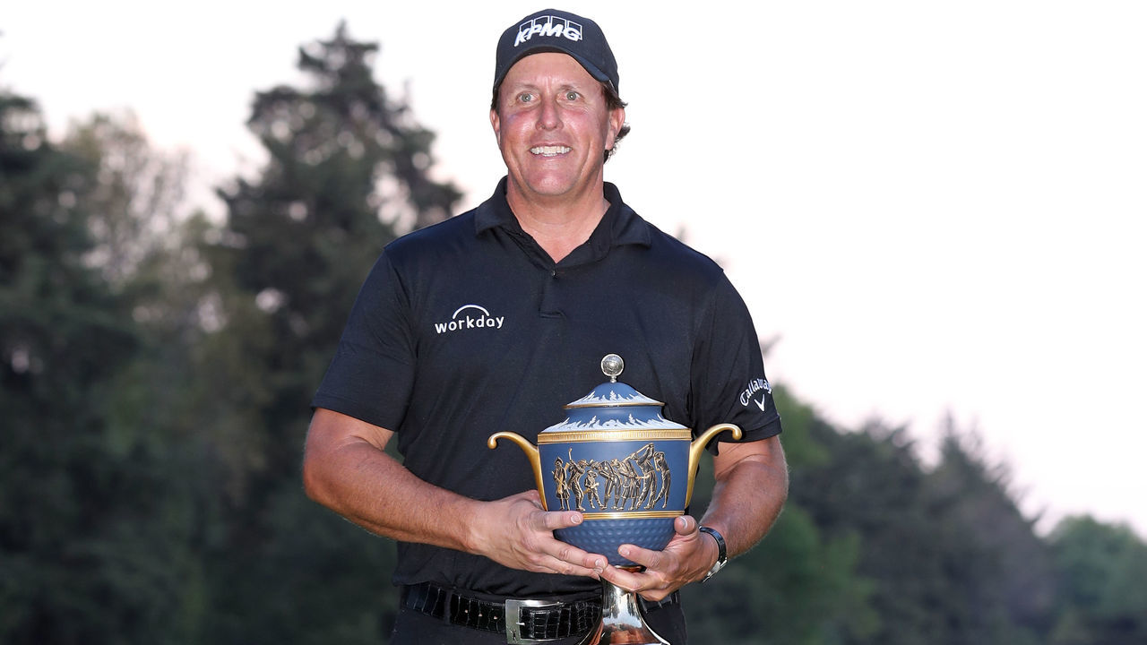 MEXICO CITY, MEXICO - MARCH 04: Phil Mickelson poses with the Gene Sarazen Cup after winning the World Golf Championships-Mexico Championship on a playoff hole at Club De Golf Chapultepec on March 4, 2018 in Mexico City, Mexico.