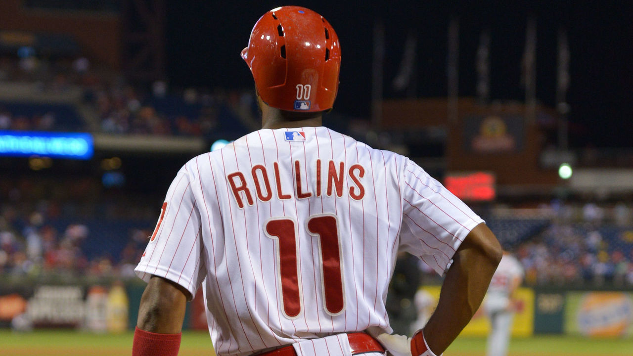 PHILADELPHIA, PA - AUGUST 26: Jimmy Rollins #11 of the Philadelphia Phillies looks on against the Washington Nationals at Citizens Bank Park on August 26, 2014 in Philadelphia, Pennsylvania. The Phillies won 4-3.