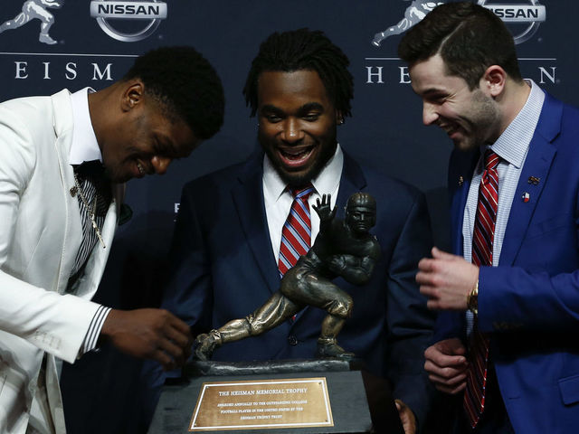 NEW YORK, NY - DECEMBER 09: Lamar Jackson of Louisville (L), Bryce Love of Stanford and Baker Mayfield of Oklahoma attend the press conference for the 2017 Heisman Trophy Presentation on December 9, 2017 in New York City.