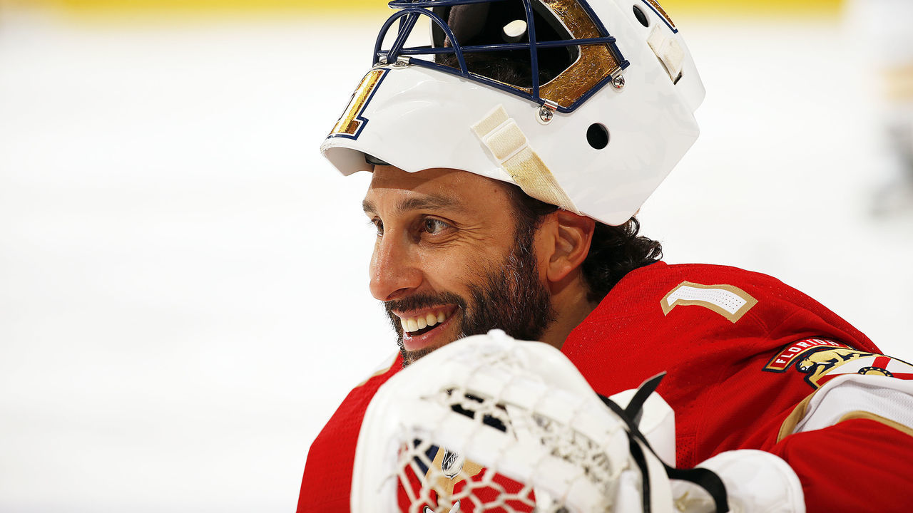 SUNRISE, FL - MARCH 2: Goaltender Roberto Luongo #1 of the Florida Panthers takes a break from warmups prior to the start of the game against the Buffalo Sabres at the BB&T Center on March 2, 2018 in Sunrise, Florida. *** Local Caption ***Roberto Luongo