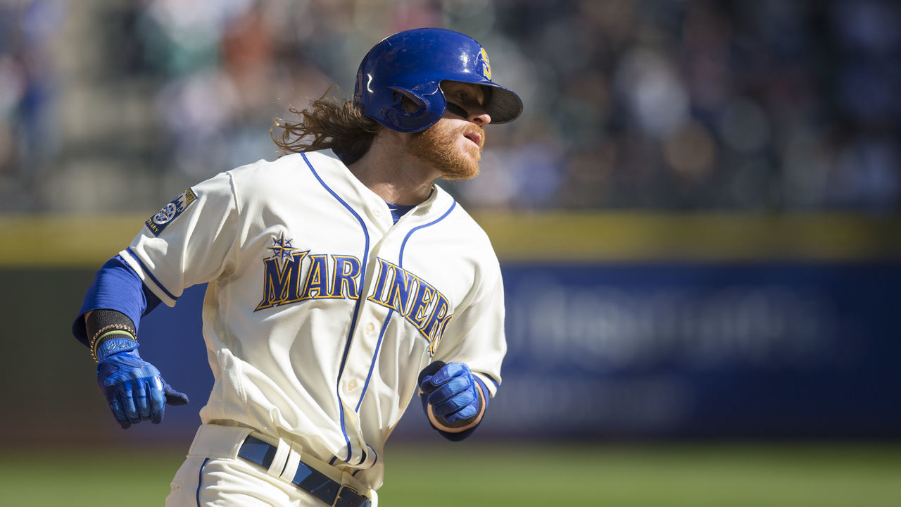 SEATTLE, WA - SEPTEMBER 24: Ben Gamel #16 of the Seattle Mariners rounds the bases after hitting a two-run home run off of starting pitcher Corey Kluber #28 of the Cleveland Indians that also scored Guillermo Heredia #5 of the Seattle Mariners during the fifth inning of a game at Safeco Field on September 24, 2017 in Seattle, Washington.