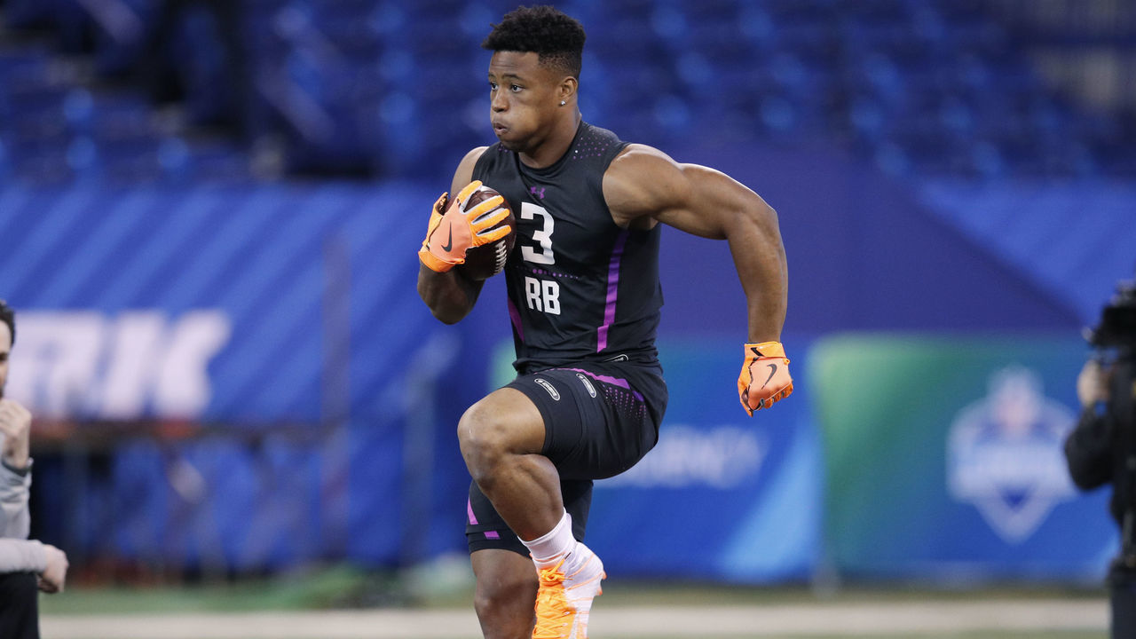 INDIANAPOLIS, IN - MARCH 02: Penn State running back Saquon Barkley in action during the 2018 NFL Combine at Lucas Oil Stadium on March 2, 2018 in Indianapolis, Indiana.