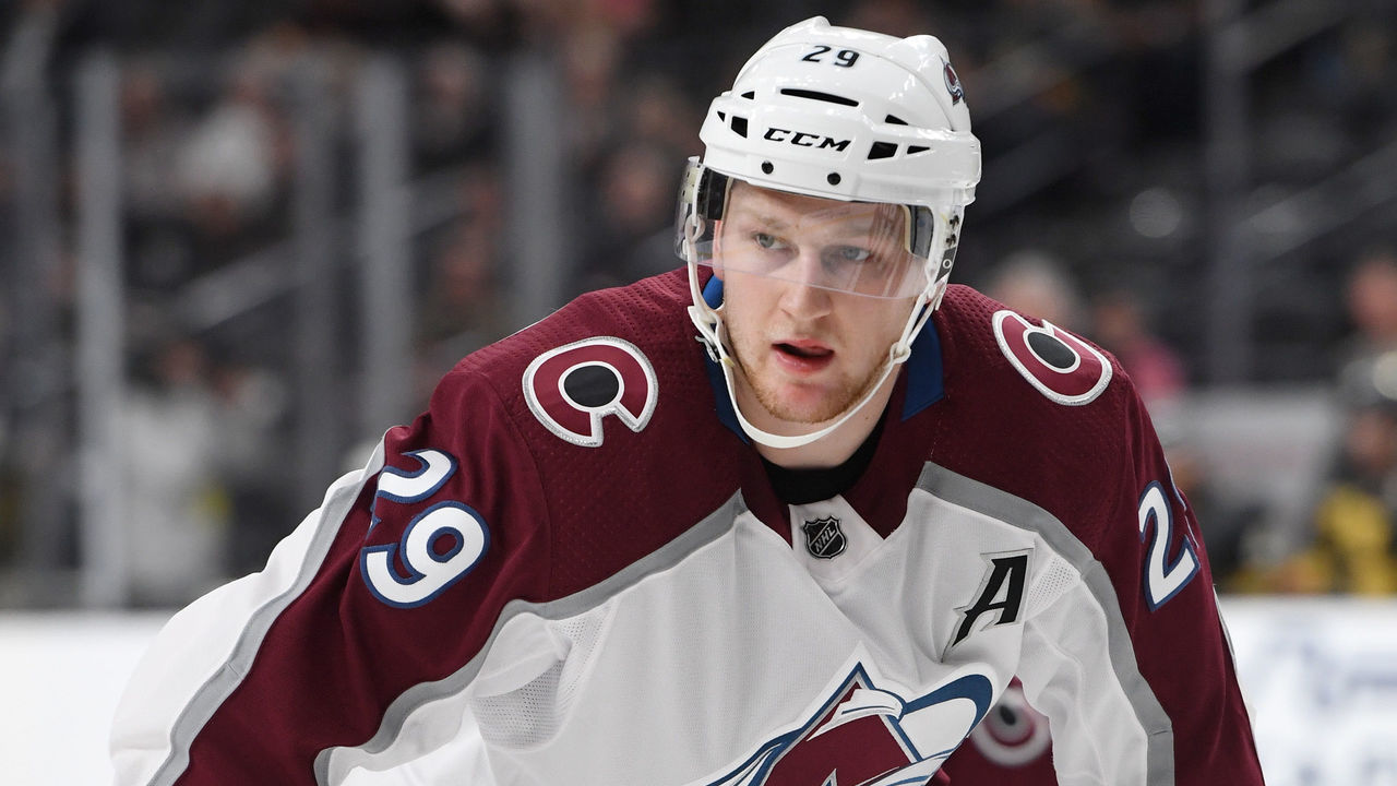 LAS VEGAS, NV - SEPTEMBER 28: Nathan MacKinnon #29 of the Colorado Avalanche stands on the ice during a preseason game against the Vegas Golden Knights at T-Mobile Arena on September 28, 2017 in Las Vegas, Nevada. Colorado won 4-2.