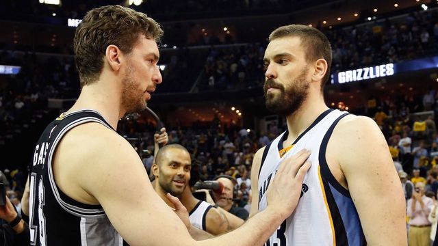 MEMPHIS, TN - APRIL 27: Marc Gasol #33 of the Memphis Grizzlies congratulates Pau Gasol #16 of the San Antonio Spurs after a 103-96 Spurs victory in Game 6 of the Western Conference Quarterfinals during the 2017 NBA Playoffs at FedExForum on April 27, 2017 in Memphis, Tennessee.